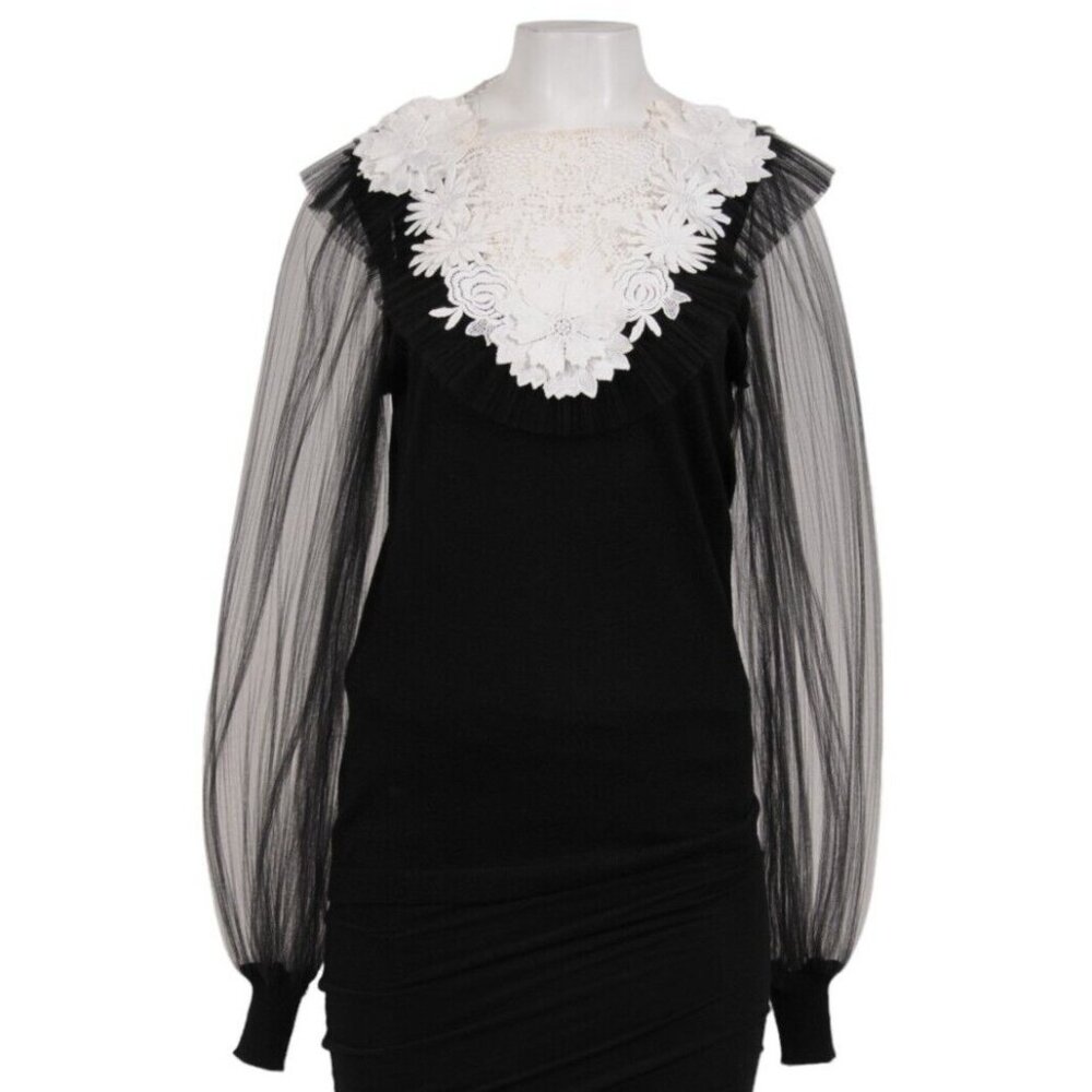 Naeem Khan Women Floral Lace Semi Sheer Sweater Large Black Cashmere Long Sleeve